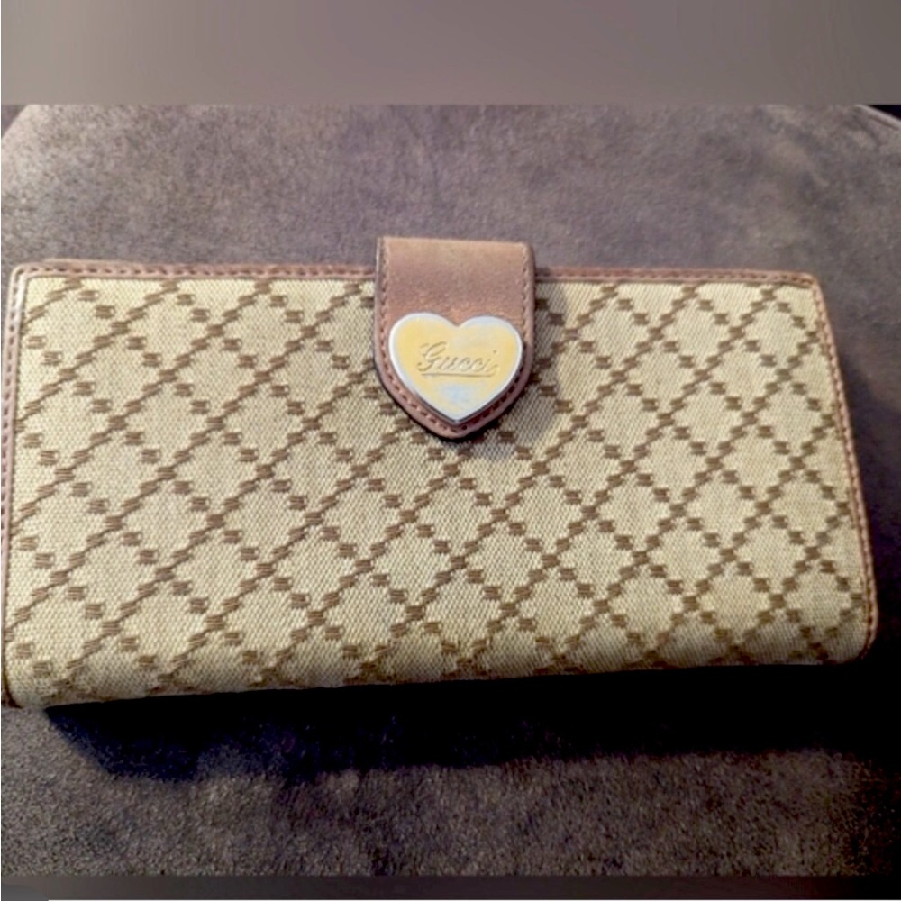 Gucci Heart Long Wallet Brown and Tan Wallet With Snap Closures